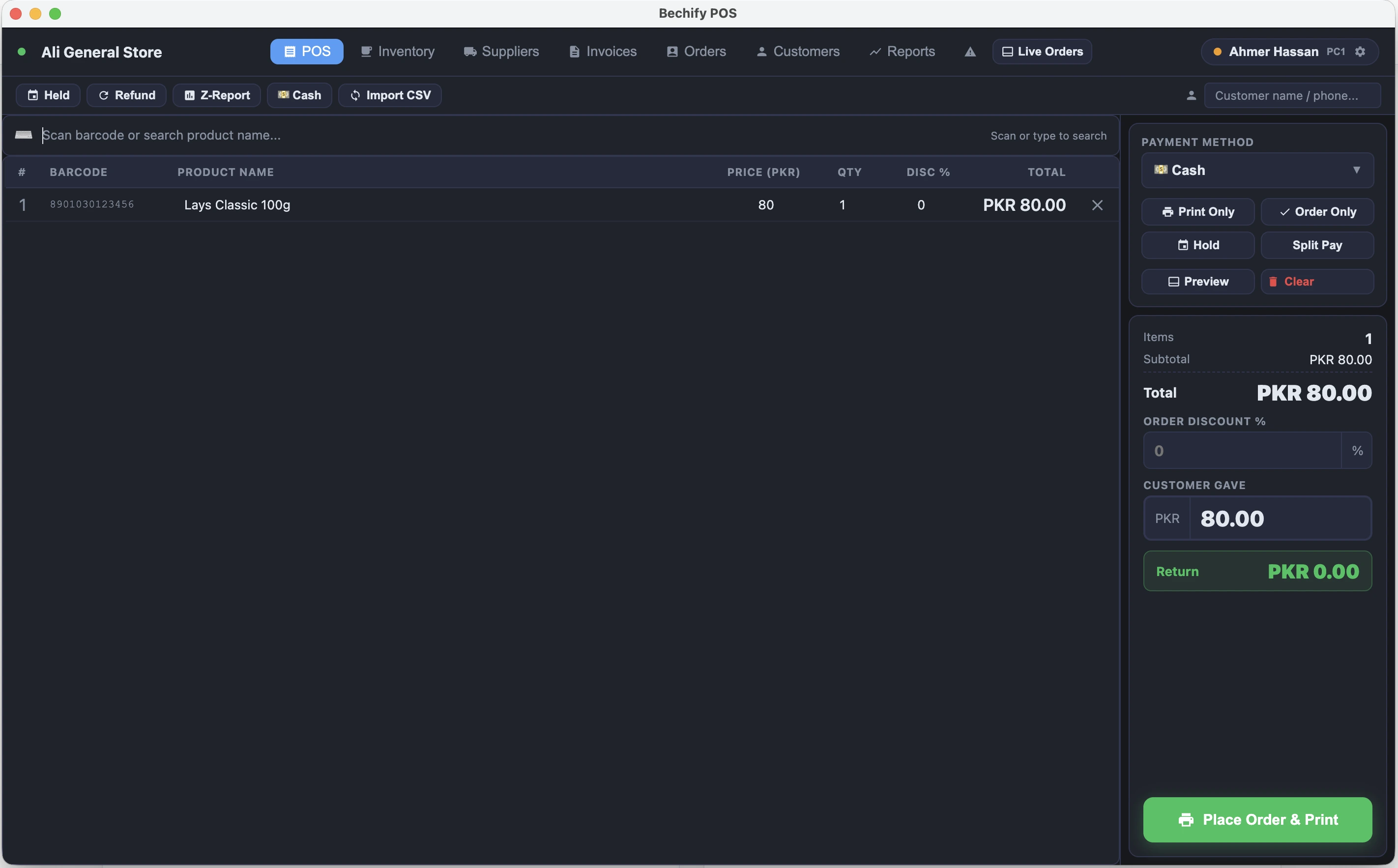 Bechify POS billing screen