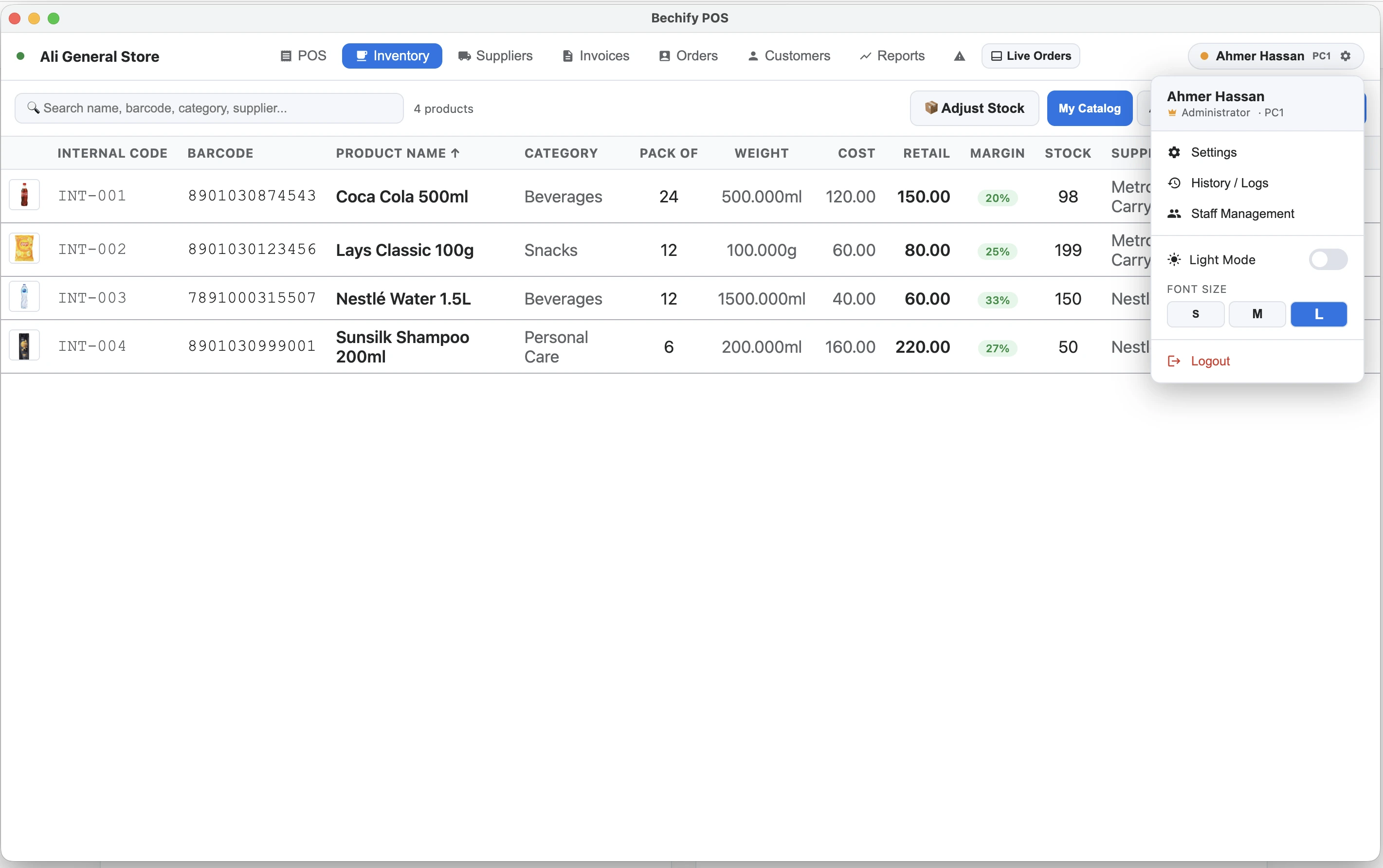 Bechify POS inventory screen
