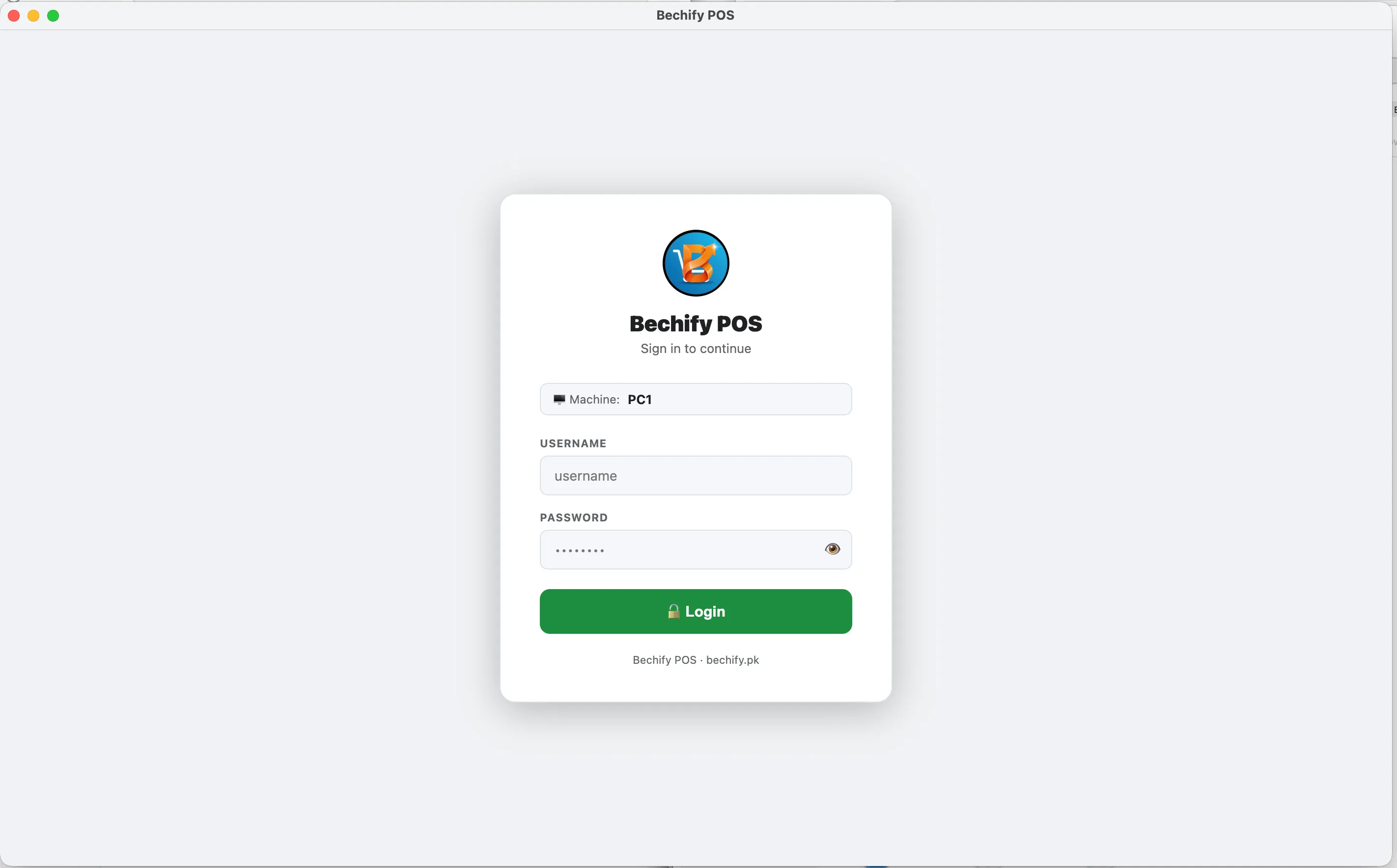 Bechify POS secure login screen